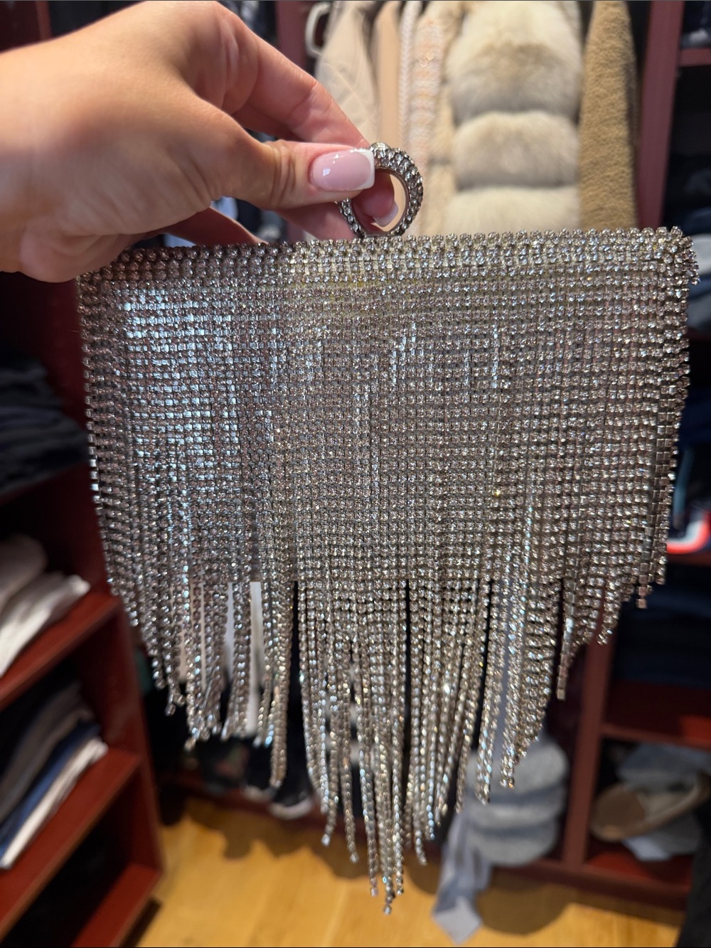 Fashion Nova Silver Crystal Fringe Wristlet Clutch